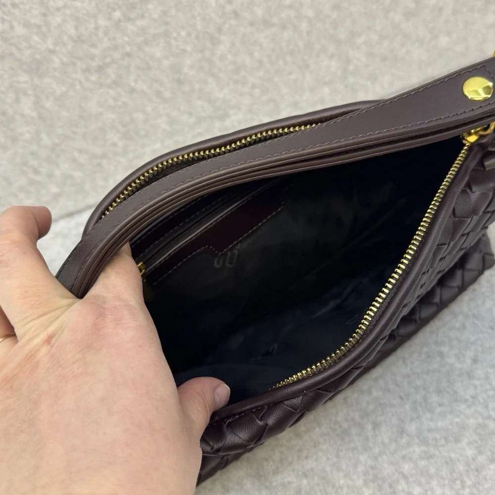 Vegan Leather Woven Hand Bag Brown Top Handle Women Shoulder Bag Adjustable - Picture 8 of 16